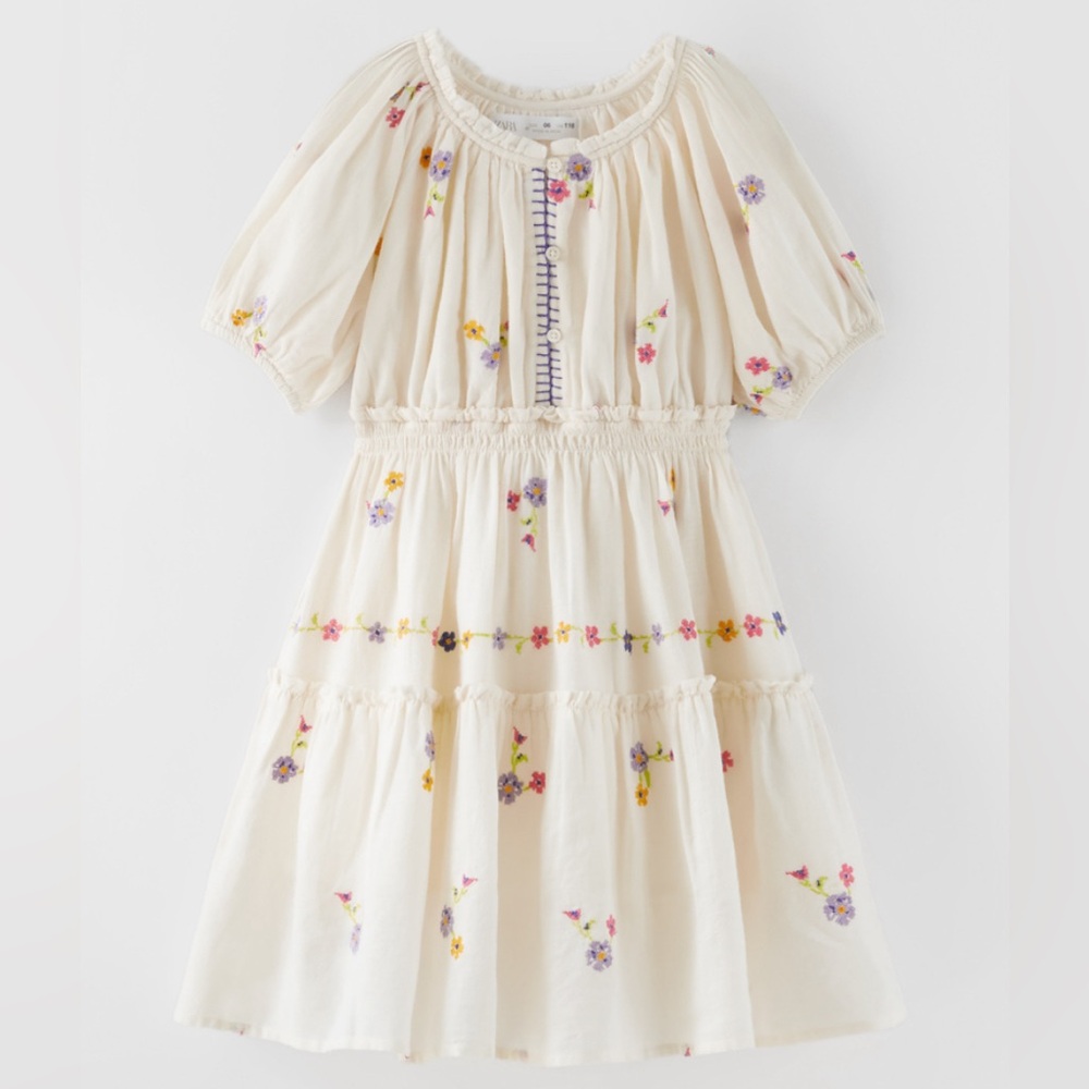 Zara Cream Floral Embroidered Tiered Dress